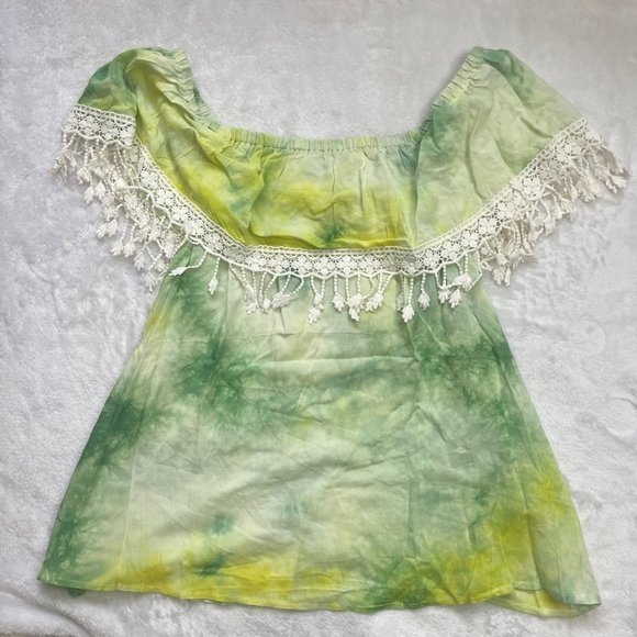 Entro Women's 100% Rayon‎ Green, Yellow Tie Dye Off Shoulder Lace Trim Top L NEW - Picture 5 of 9